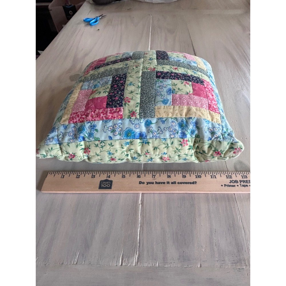 Vintage Handmade Quilted Patchwork Log Cabin Floral Pillow 12x12 Cottagecore - Picture 3 of 9